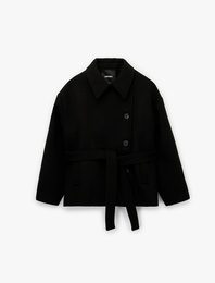 Uzun Kollu Düğmeli Cepli Kruvaze Kemerli Kısa Kaşe Kaban