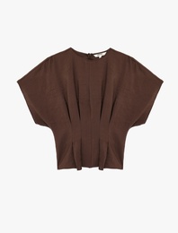 Modal Kumaş Slim Fit Pile Detaylı Kap Kol Bisiklet Yaka Crop Bluz