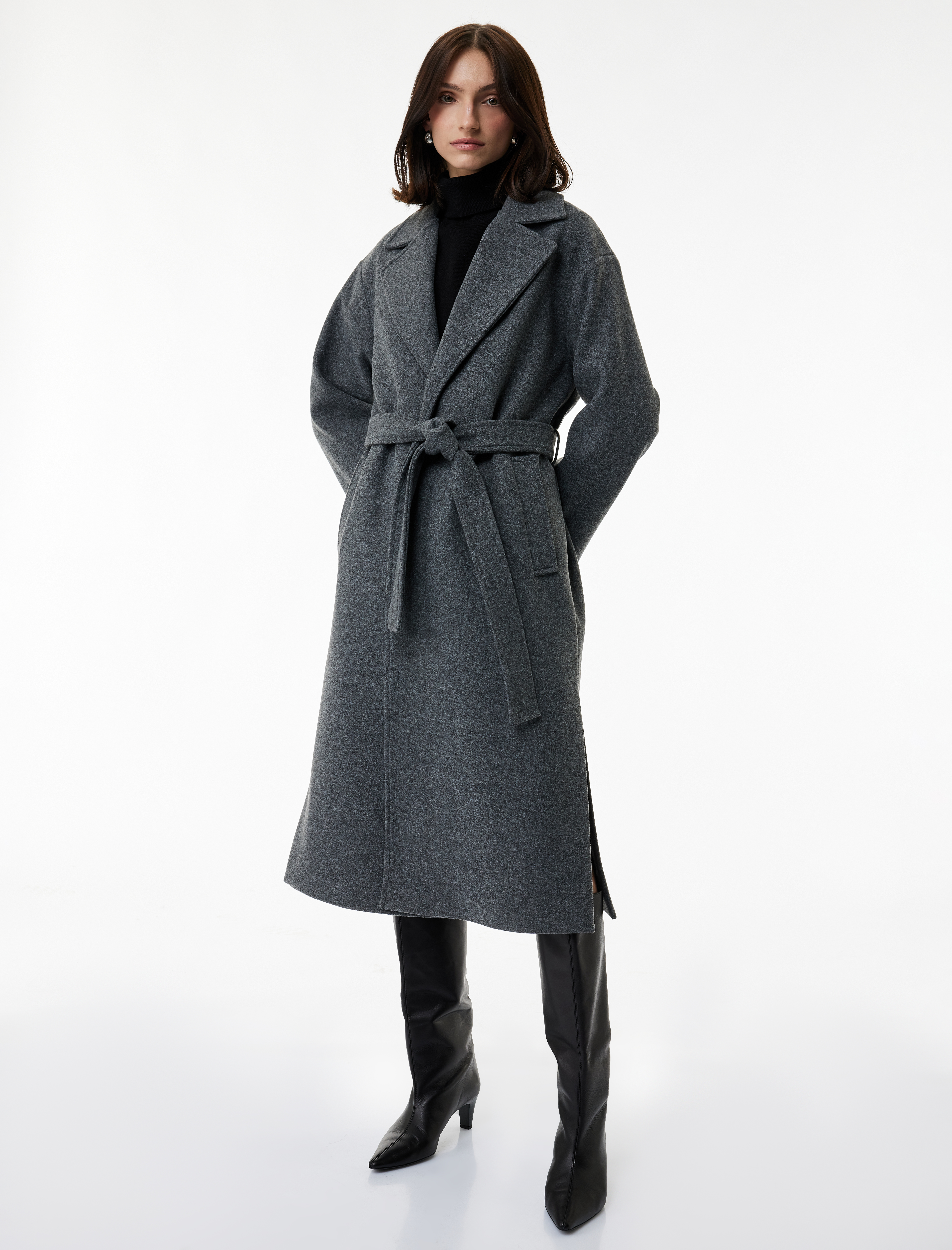   Kemerli Kaban Kaşe Uzun Kollu Cepli