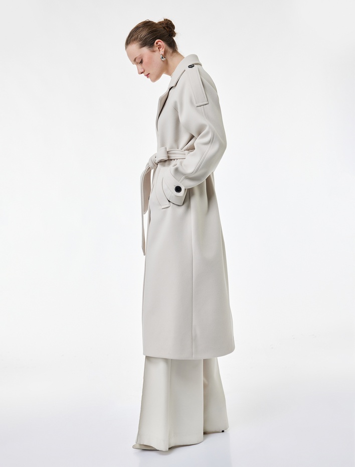  Trenç Kaban Kaşe Kruvaze Düğmeli Kemerli Cepli Uzun Kollu