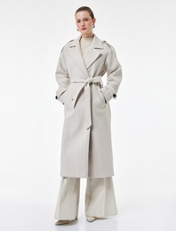 Trenç Kaban Kaşe Kruvaze Düğmeli Kemerli Cepli Uzun Kollu