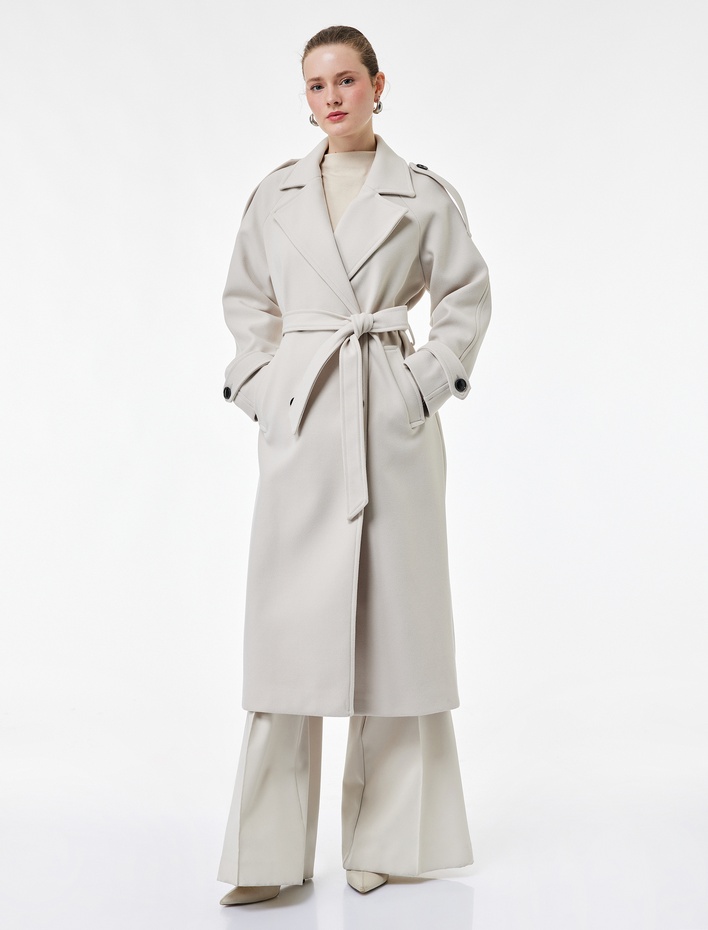  Trenç Kaban Kaşe Kruvaze Düğmeli Kemerli Cepli Uzun Kollu