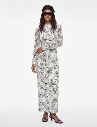 Dik Yaka Uzun Kollu Midi Boy Çiçekli Bodycon Kalem Elbise