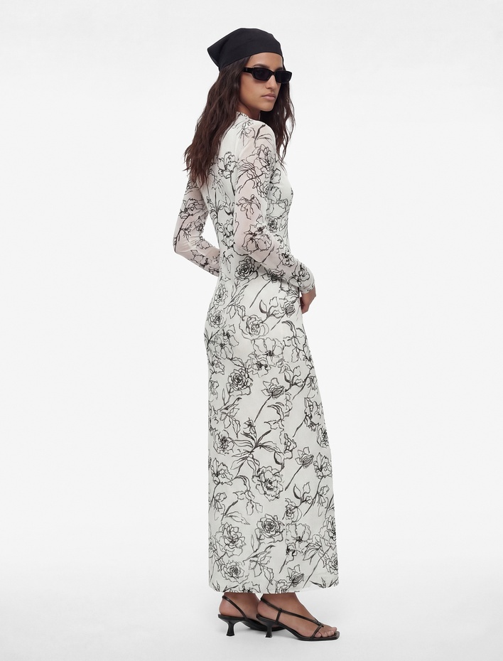  Dik Yaka Uzun Kollu Midi Boy Çiçekli Bodycon Kalem Elbise