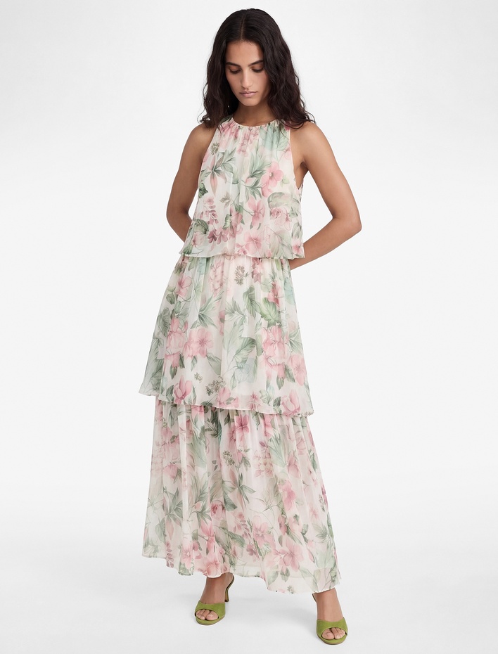  Katlı Kolsuz Halter Yaka Çiçekli Şifon Elbise