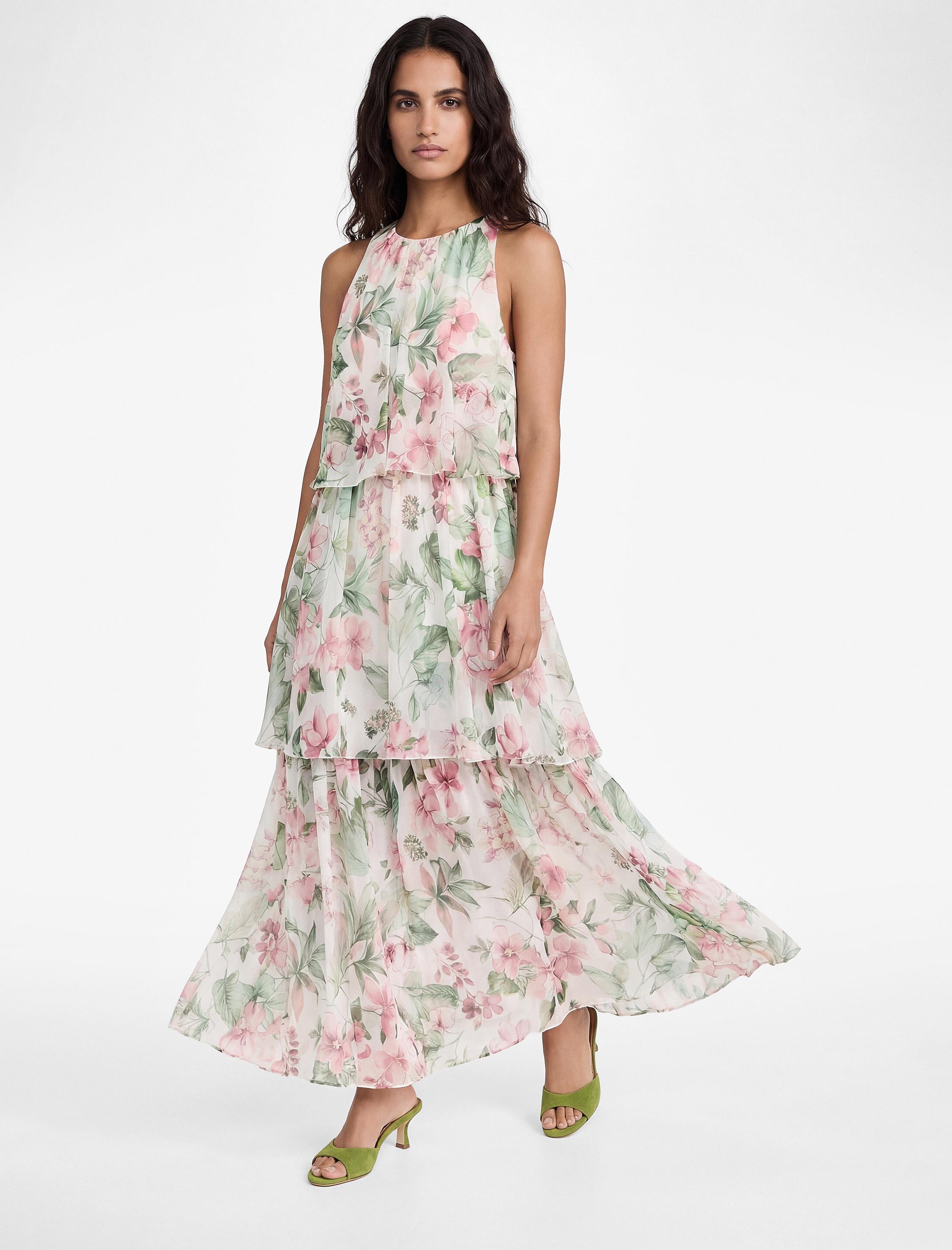   Katlı Kolsuz Halter Yaka Çiçekli Şifon Elbise