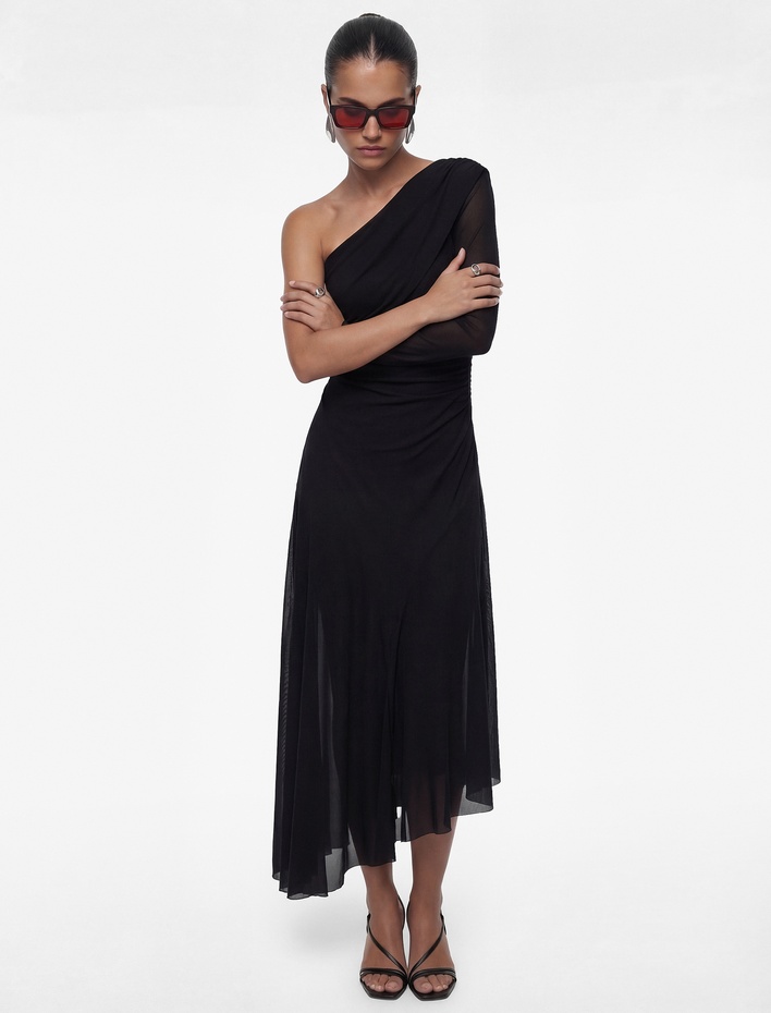 Uzun Kollu Asimetrik Tül Tek Omuz Midi Boy Elbise