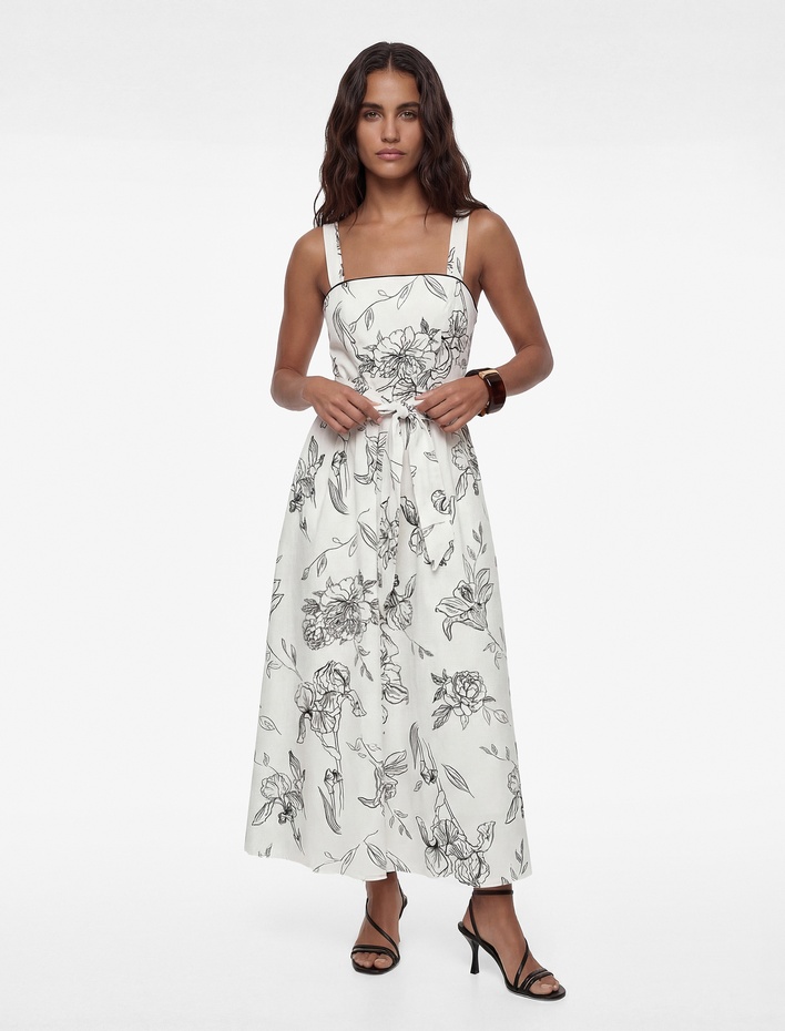  Pamuklu Kuşak Detaylı Askılı Uzun Poplin Çiçekli Elbise