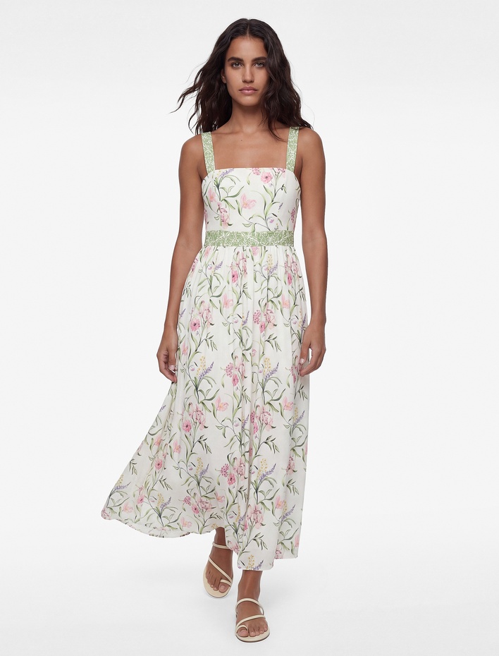  Kuşaklı Arkadan Bağlamalı Askılı Çiçekli Midi Elbise