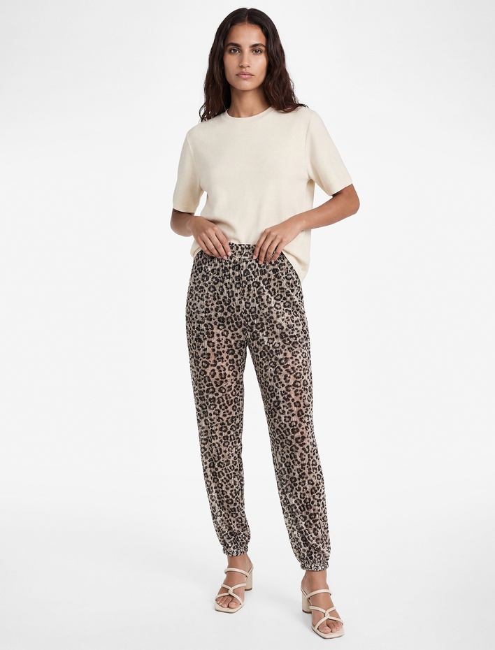  Yüksek Bel Astarlı Yarı Transparan Leopar Desenli Harem Pantolon