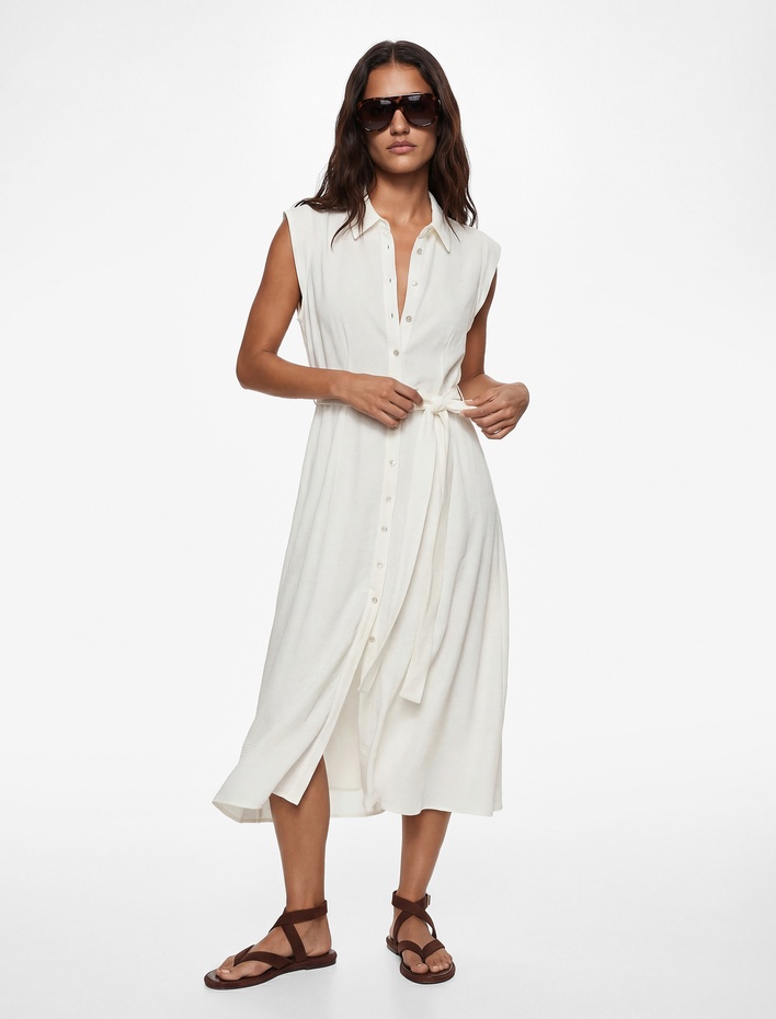  Viskon Kumaş Düğmeli Kuşak Detaylı Kolsuz Uzun Gömlek Elbise