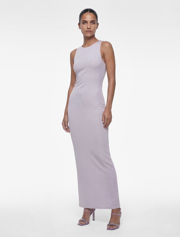  Yuvarlak Yaka Drape Detaylı Kolsuz Simli Midi Kalem Elbise