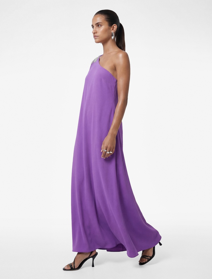  Krep Kumaş Taşlı Aplike Detaylı Tek Omuz Uzun Elbise