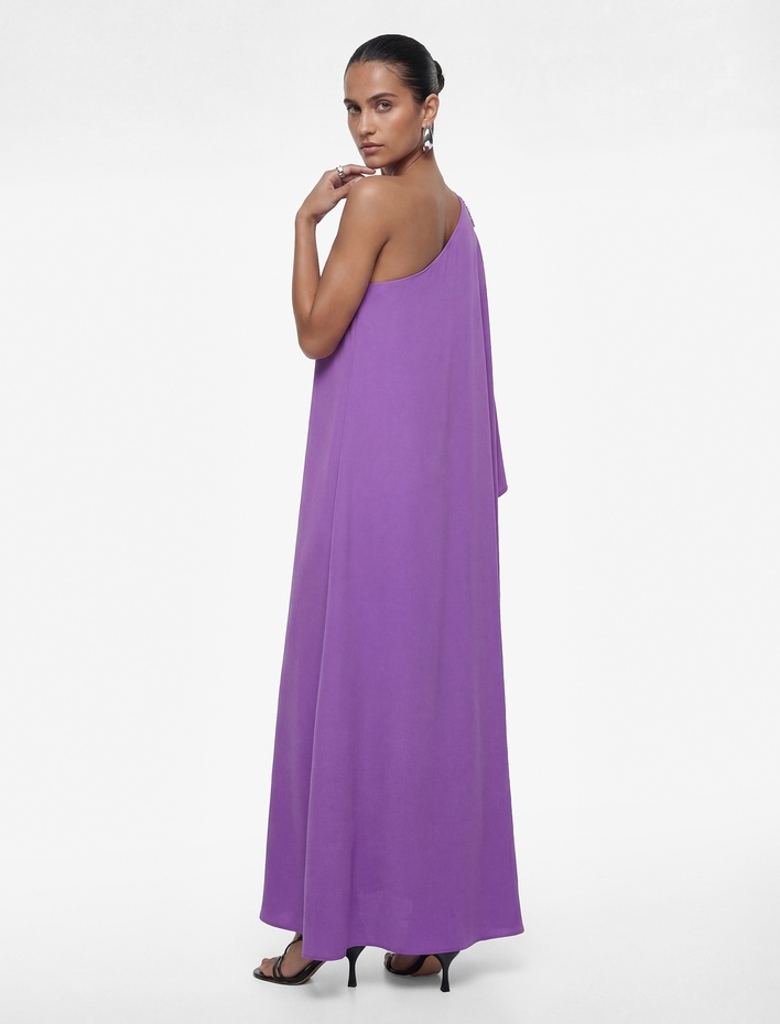  Krep Kumaş Taşlı Aplike Detaylı Tek Omuz Uzun Elbise