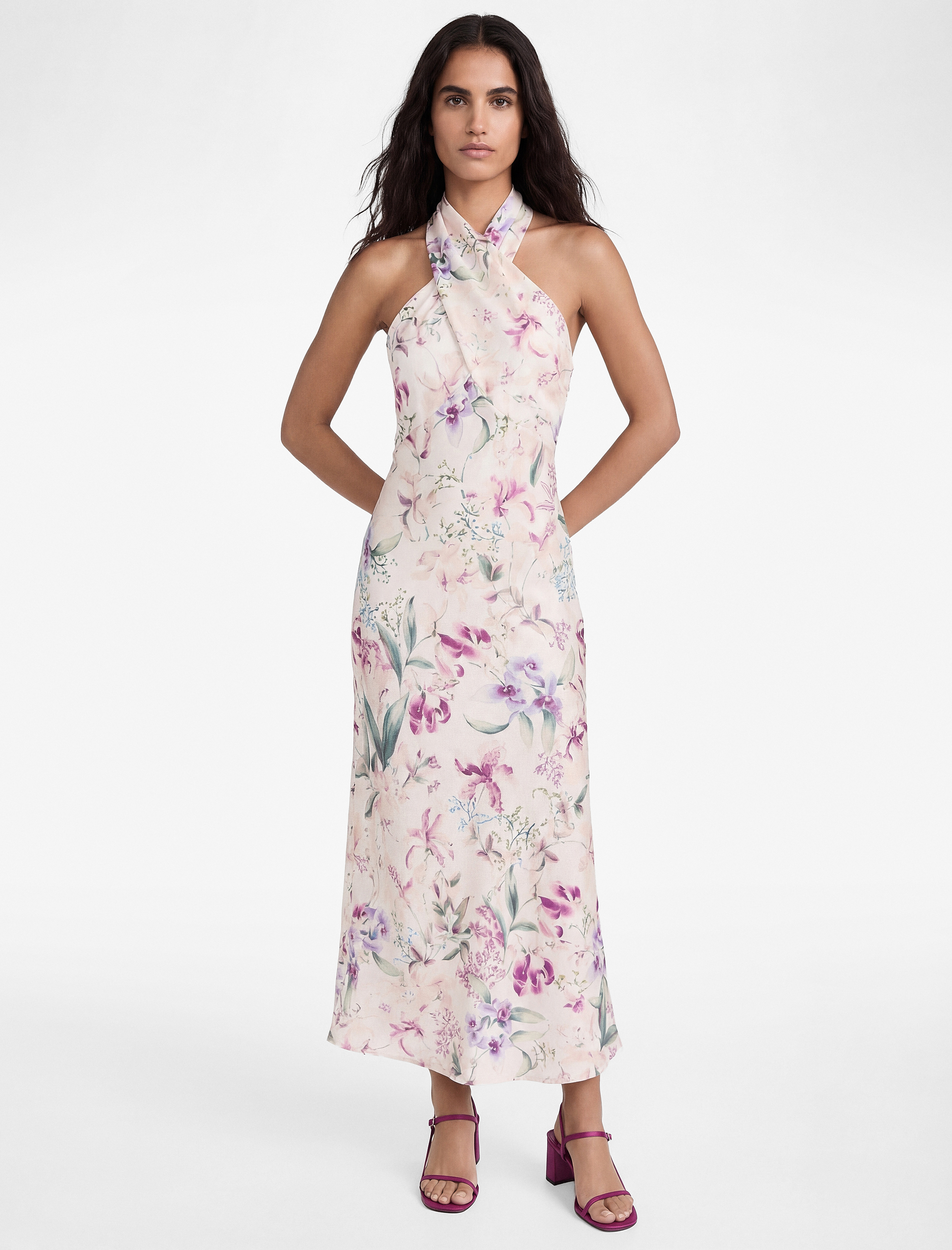   Midi Boy Çiçekli Halter Yaka Saten Elbise