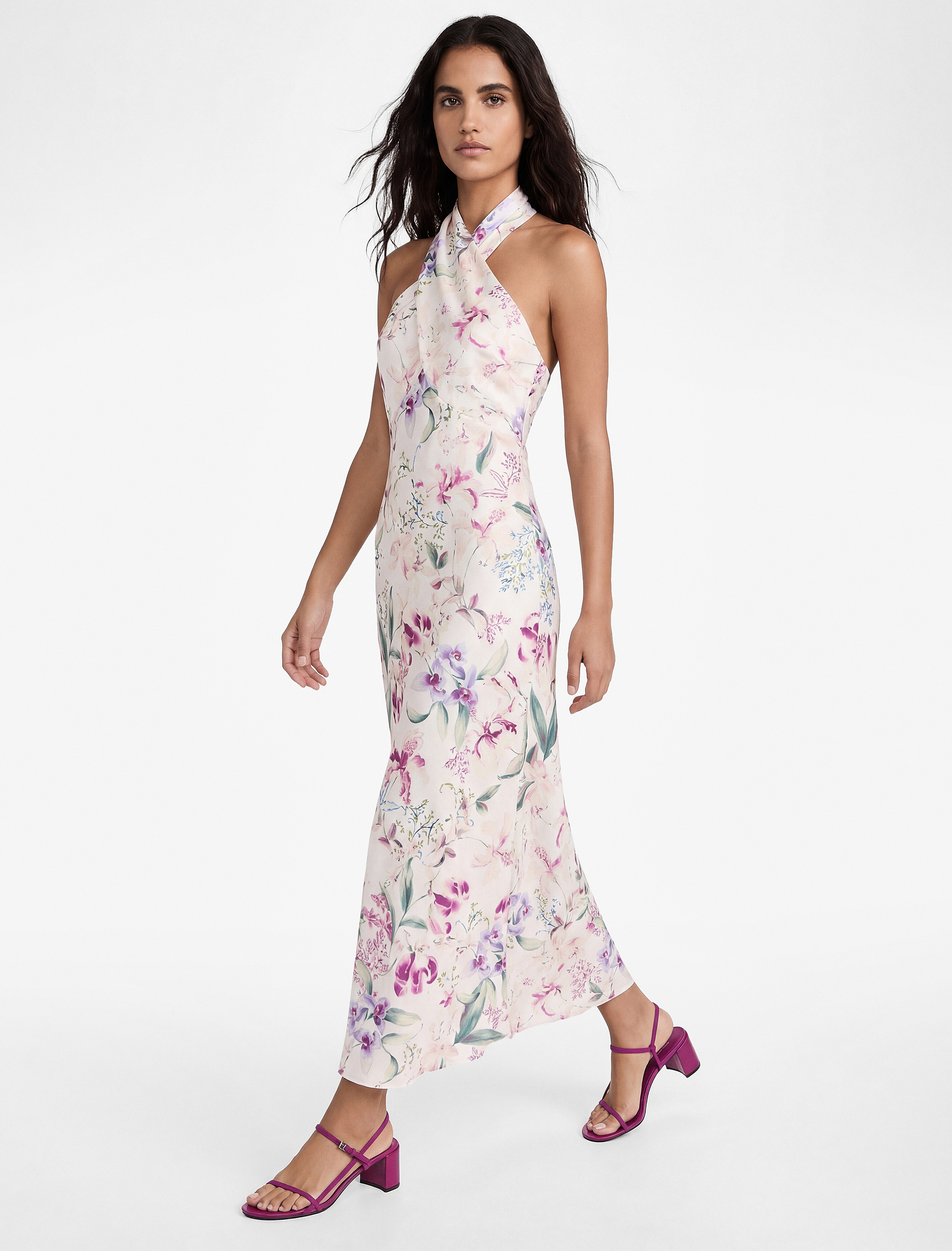   Midi Boy Çiçekli Halter Yaka Saten Elbise