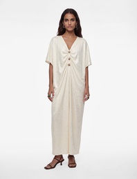 V Yaka Kısa Kollu Metal Aksesuarlı Bol Kalıp Uzun Abiye Elbise