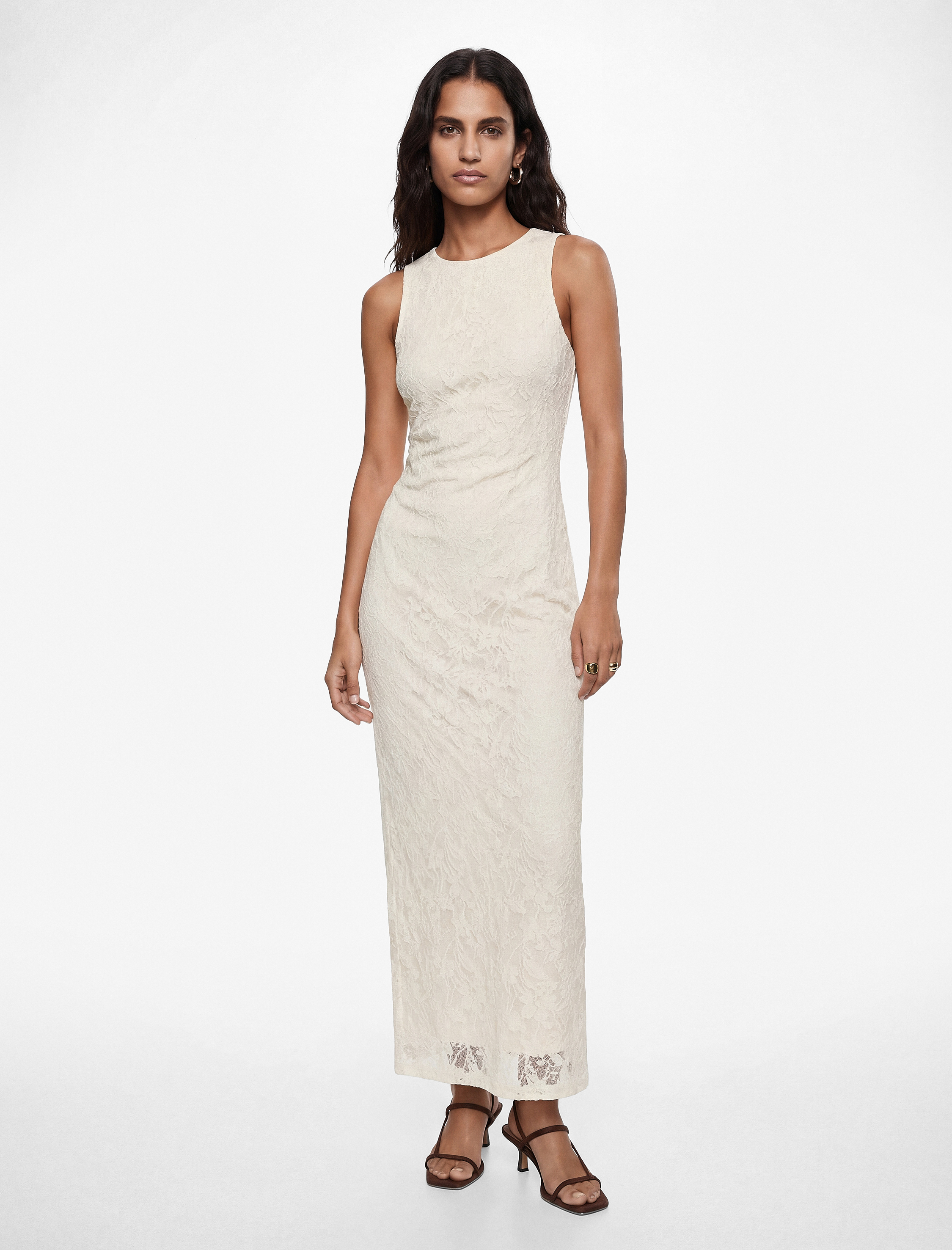   Drape Detaylı Kolsuz Bisiklet Yaka Uzun Taşlı Dantel Elbise