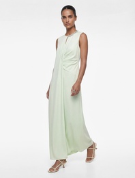 Bisiklet Yaka Kolsuz Drapeli Taş Detaylı Uzun Saten Abiye Elbise