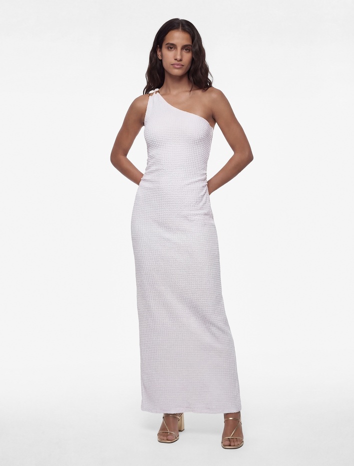  Bürümcük Kumaş Kolsuz Drape Detaylı Tek Omuz Uzun Elbise