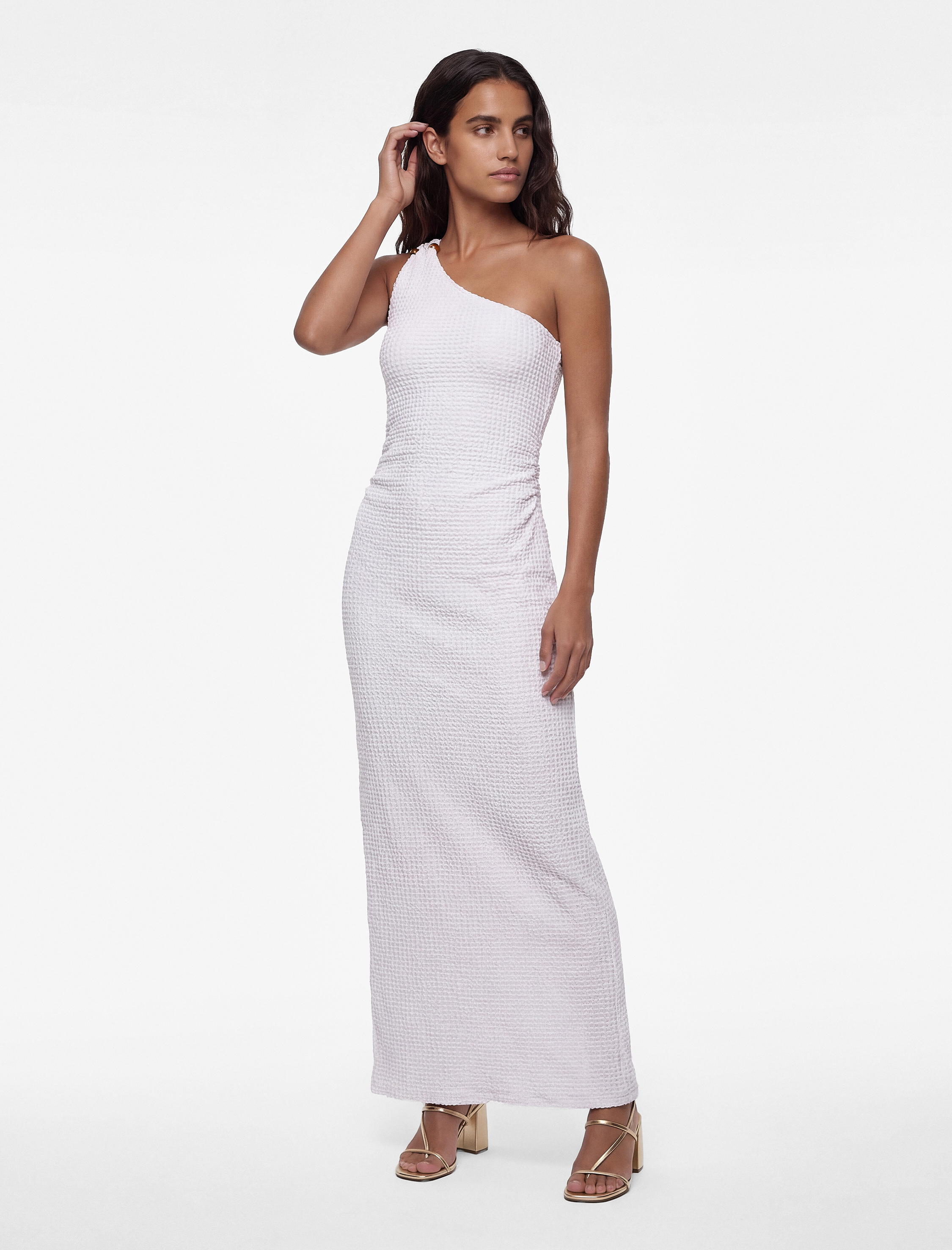   Bürümcük Kumaş Kolsuz Drape Detaylı Tek Omuz Uzun Elbise