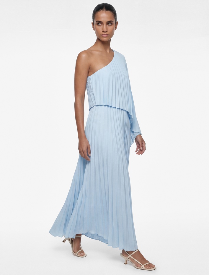  Kolsuz Tek Omuz Şifon Pileli Uzun Abiye Elbise