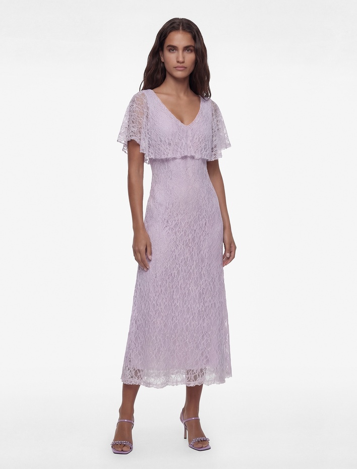  Slim Fit Pelerin Kol V Yaka Uzun Dantel Elbise