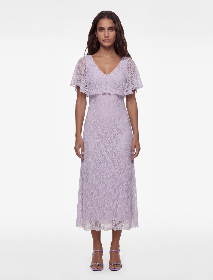  Slim Fit Pelerin Kol V Yaka Uzun Dantel Elbise