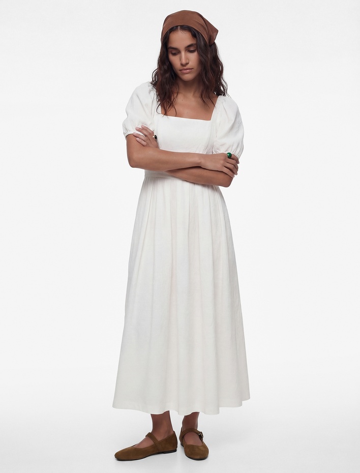  Pamuklu Kare Yaka Kısa Balon Kollu Midi Elbise