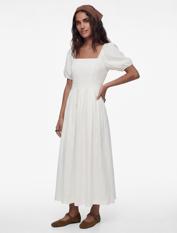  Pamuklu Kare Yaka Kısa Balon Kollu Midi Elbise