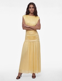 Slim Fit Kısa Kollu Dik Yaka Drapeli Simli Uzun Abiye Elbise