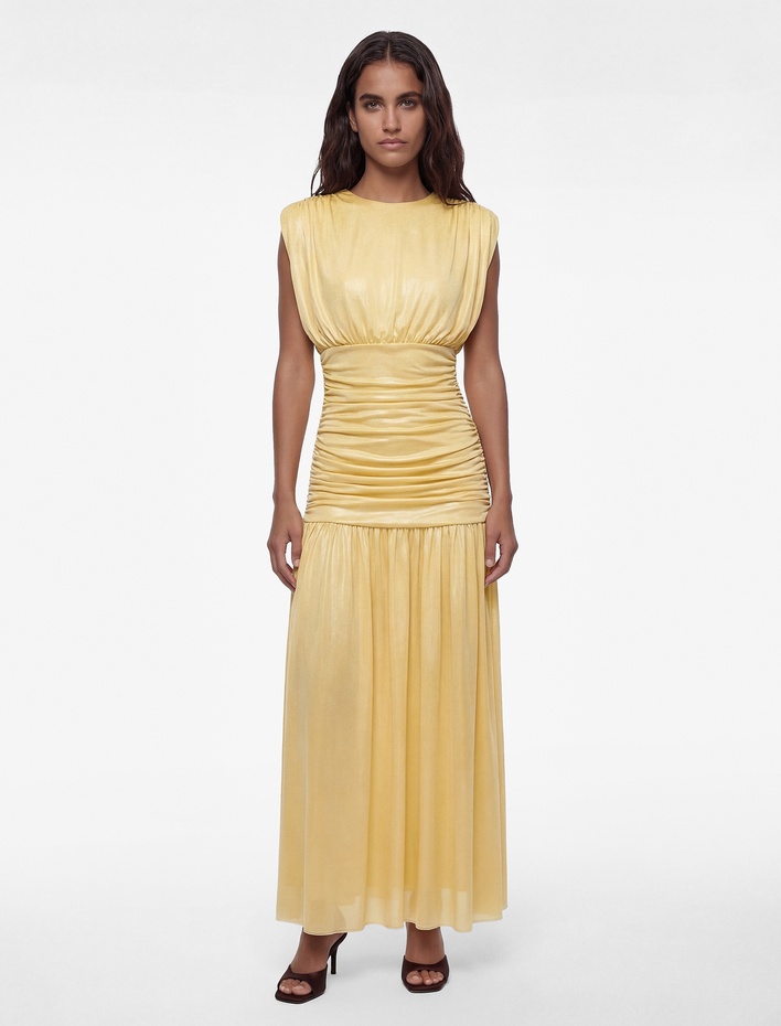  Slim Fit Kısa Kollu Dik Yaka Drapeli Simli Uzun Abiye Elbise