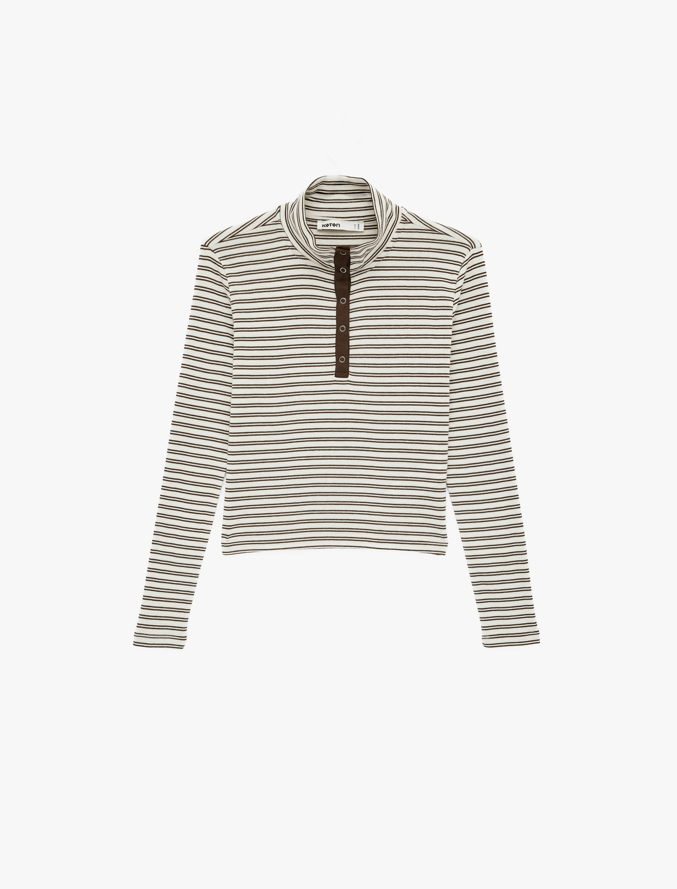   Slim Fit Yarım Düğme Detaylı Dik Yaka Uzun Kollu Çizgili Bluz