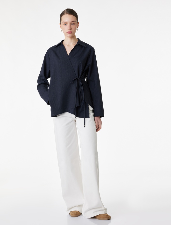  Uzun Kollu Yandan Bağlama Detaylı Çizgili Gömlek