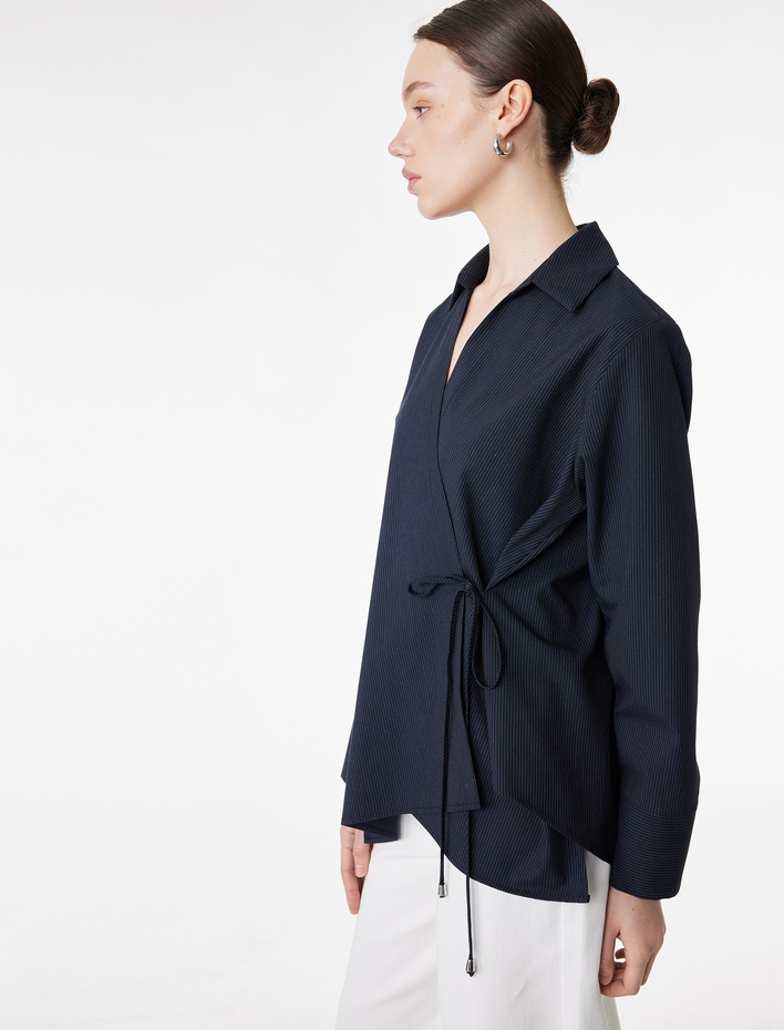  Uzun Kollu Yandan Bağlama Detaylı Çizgili Gömlek