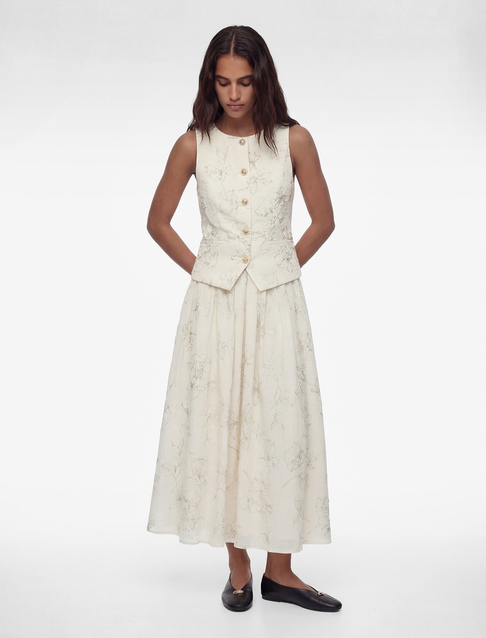  Pamuklu Parıltılı Çiçek Desenli Pileli Uzun Kloş Etek