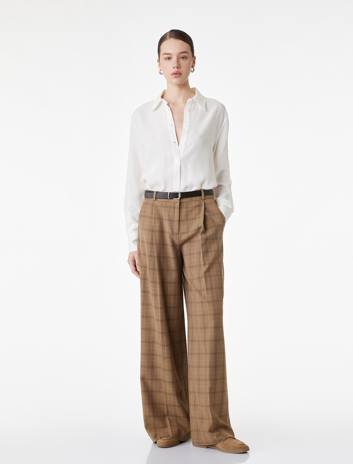  Cepli Pile Detaylı Geniş Paça Ekose Pantolon