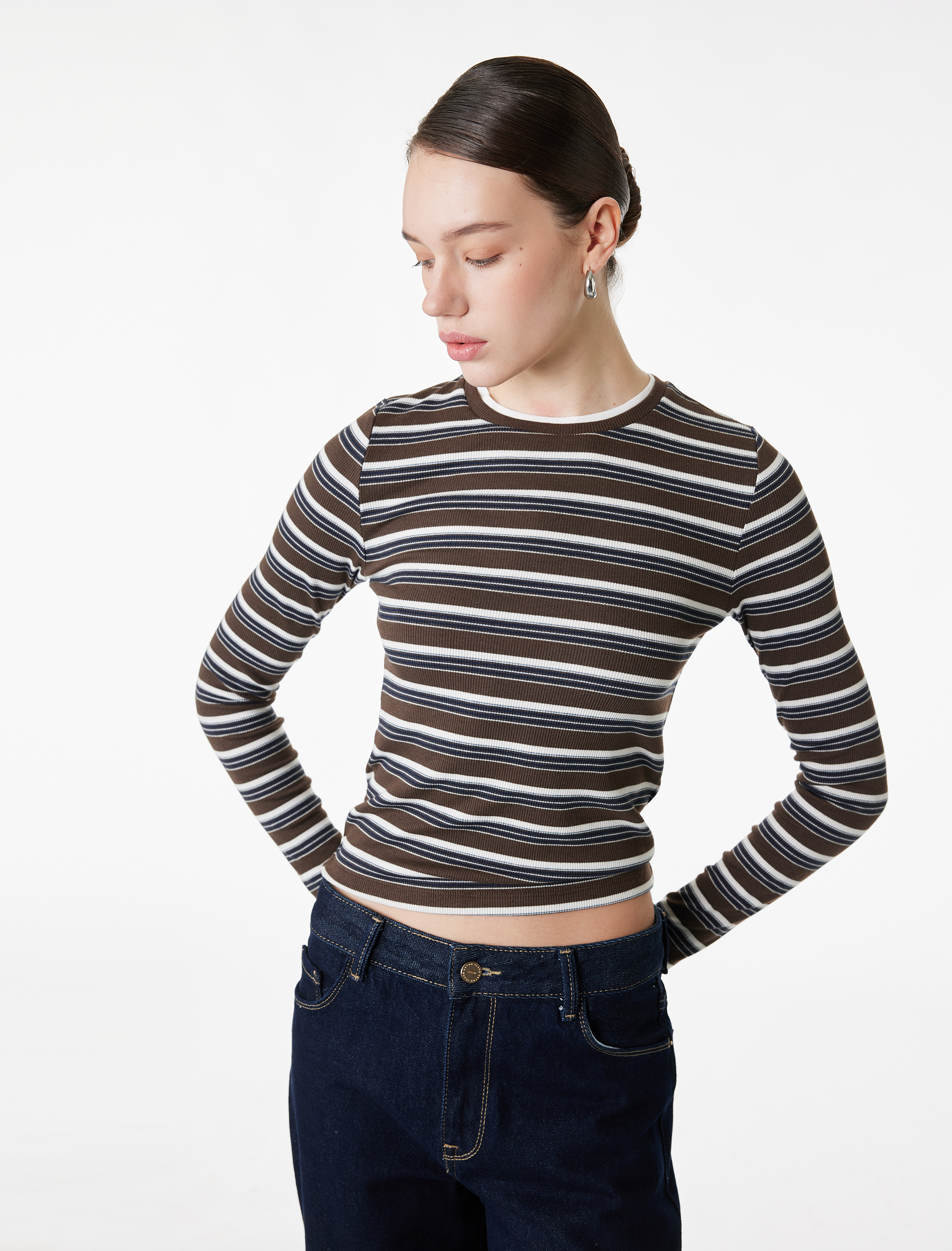   Slim Fit Uzun Kollu Bisiklet Yaka Çizgili Tişört