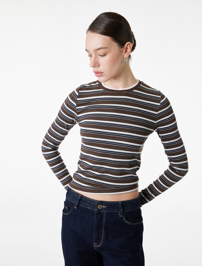  Slim Fit Uzun Kollu Bisiklet Yaka Çizgili Tişört