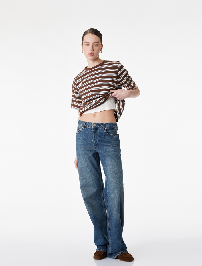  Regular Fit Kısa Kollu Bisiklet Yaka Çizgili Tişört