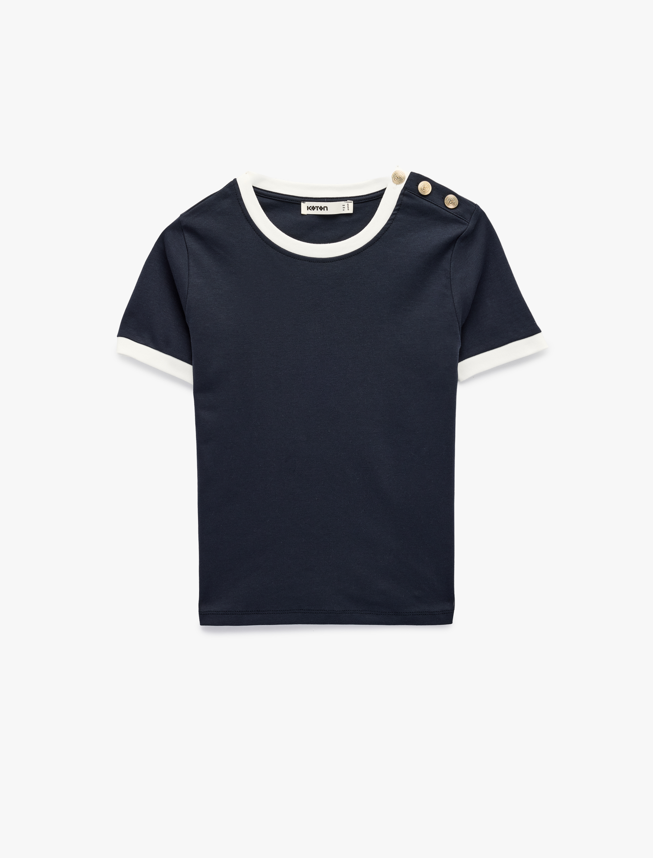   Pamuklu Kısa Kollu Bisiklet Yaka Aksesuar Düğme Detaylı Tişört