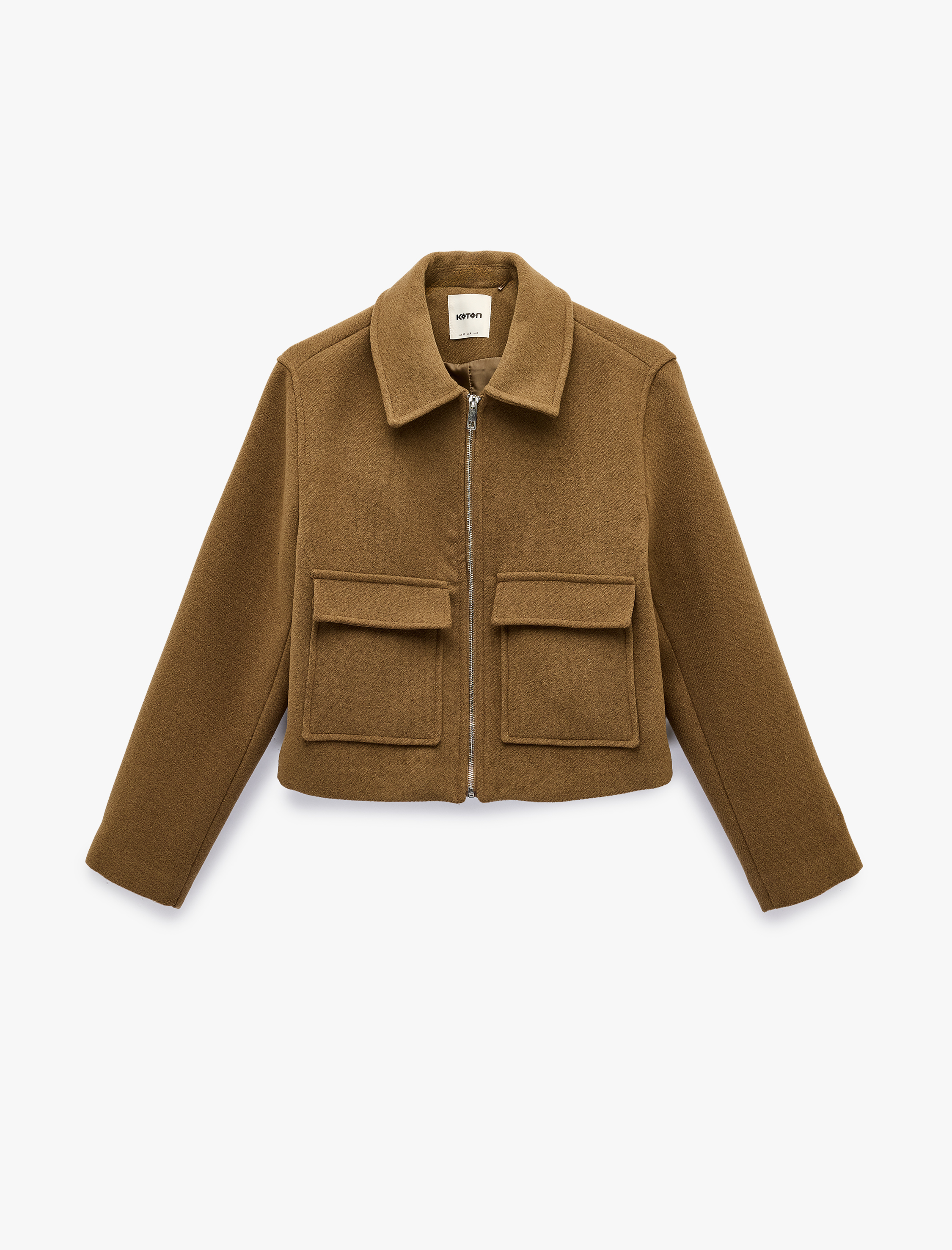   Fermuarlı Cepli Crop Kaşe Ceket