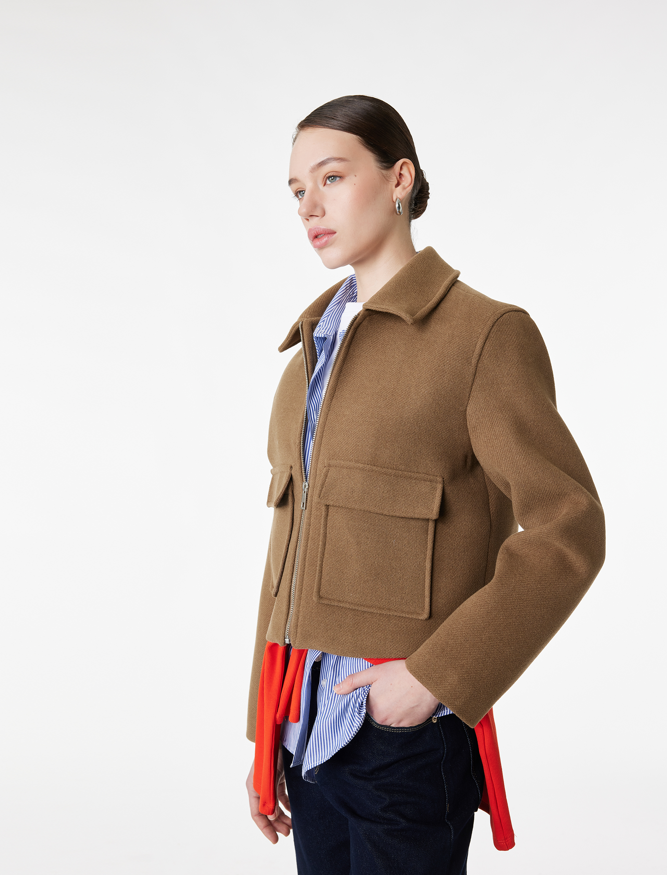   Fermuarlı Cepli Crop Kaşe Ceket