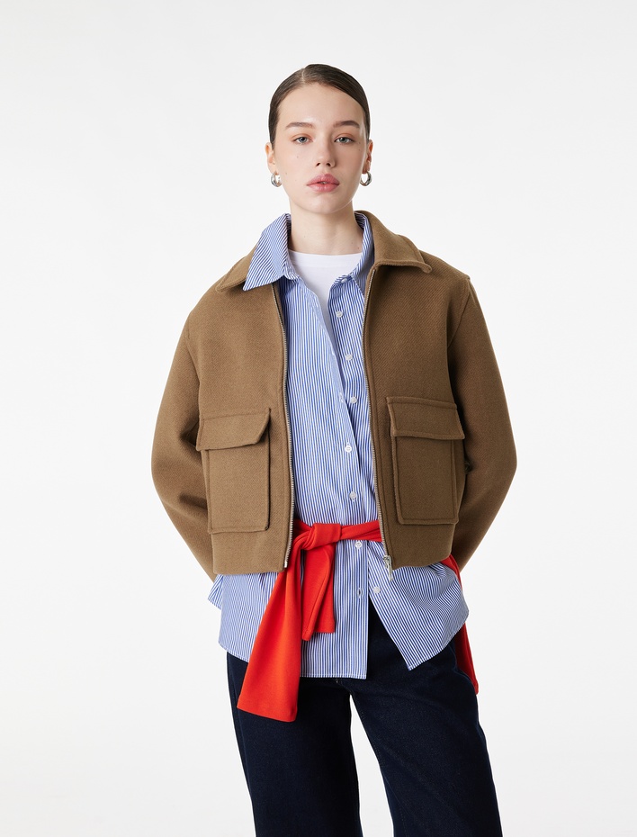  Fermuarlı Cepli Crop Kaşe Ceket