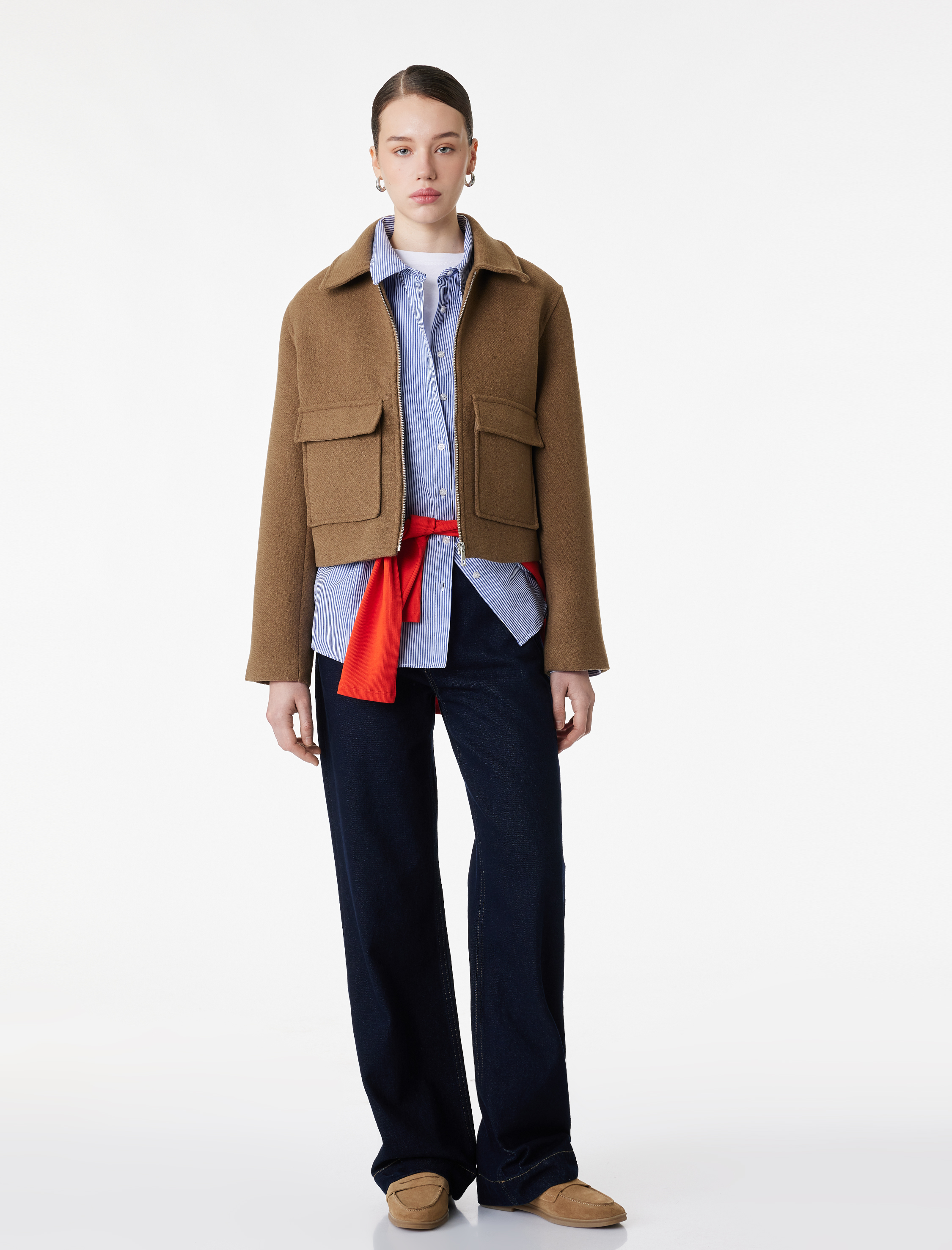   Fermuarlı Cepli Crop Kaşe Ceket