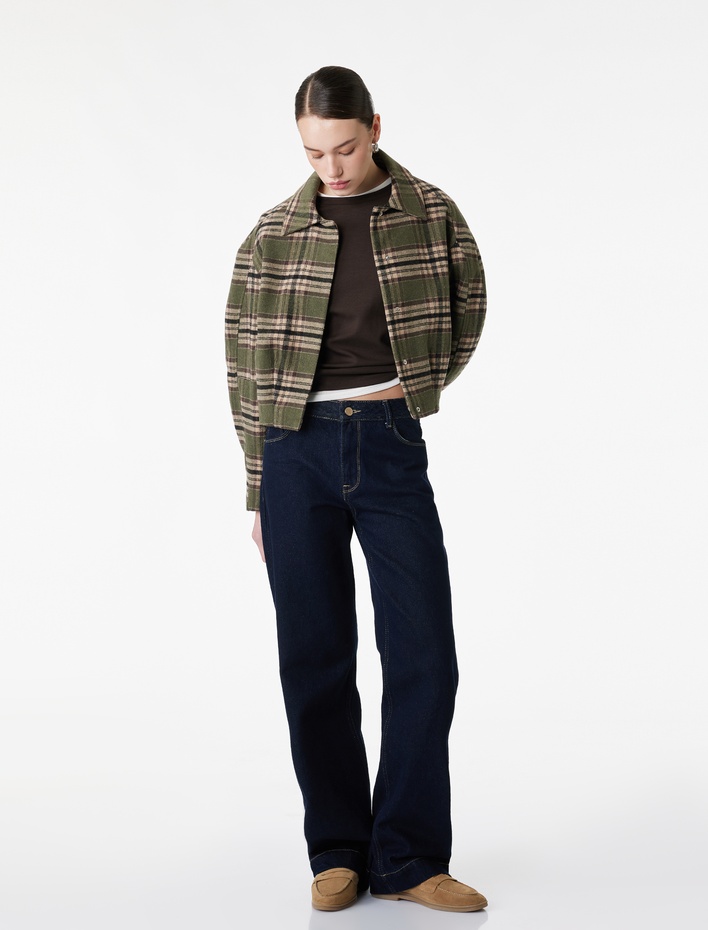  Uzun Kollu Cepli Fermuarlı Crop Ekose Bomber Ceket