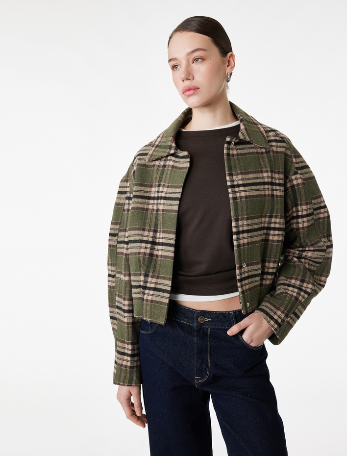  Uzun Kollu Cepli Fermuarlı Crop Ekose Bomber Ceket