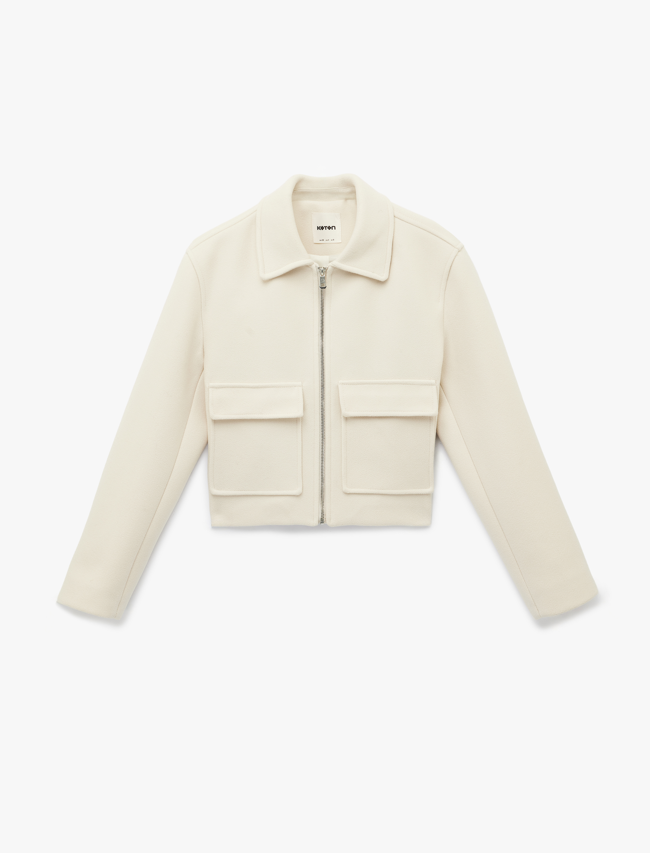   Uzun Kollu Cepli Fermuarlı Crop Kaşe Ceket