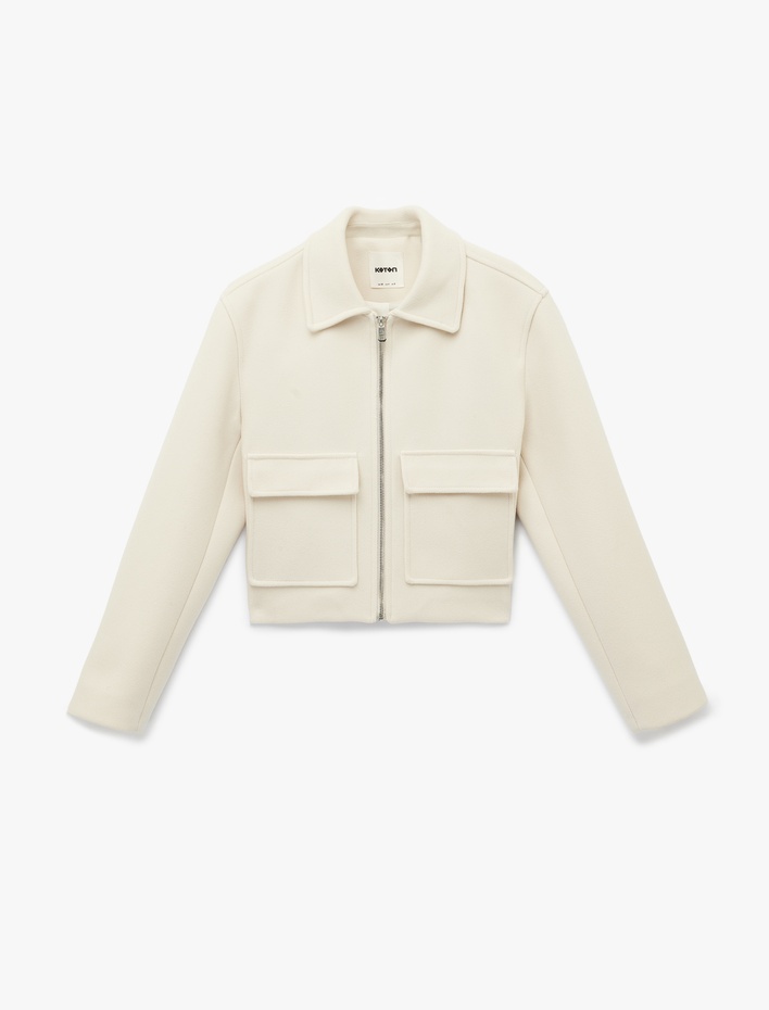  Uzun Kollu Cepli Fermuarlı Crop Kaşe Ceket