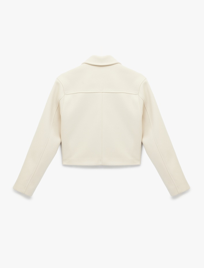  Uzun Kollu Cepli Fermuarlı Crop Kaşe Ceket